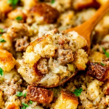 Delicious homemade sausage stuffing dish for Thanksgiving or holiday meals