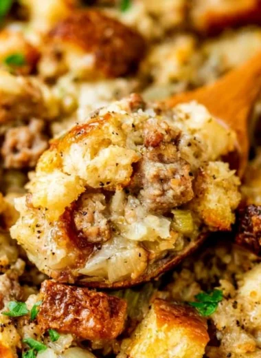 Delicious homemade sausage stuffing dish for Thanksgiving or holiday meals