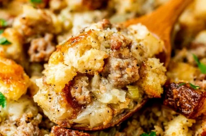 Delicious homemade sausage stuffing dish for Thanksgiving or holiday meals
