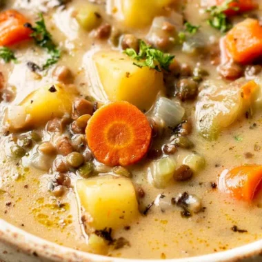 Delicious bowl of vegetarian lentil soup served in a rustic kitchen bowl.
