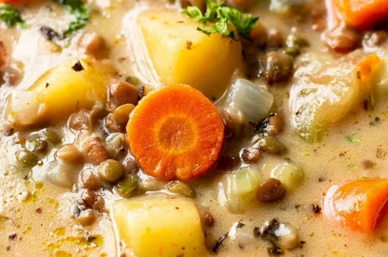 Delicious bowl of vegetarian lentil soup served in a rustic kitchen bowl.